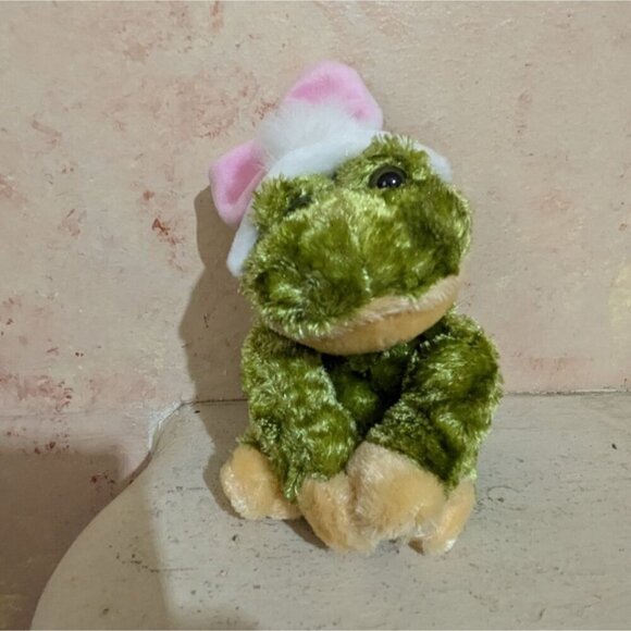 Dan Dee Frog Plush Toy With Bunny Ears 7: green pink  stuffed animal - Picture 4 of 10